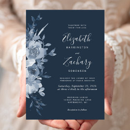 Waterverf Floral Dusty Blue Navy Wedding Kaart