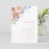 Waterverf Floral Dusty Blue & Peach Wedding Kaart (Staand voorkant)