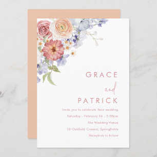 Waterverf Floral Dusty Blue & Peach Wedding Kaart