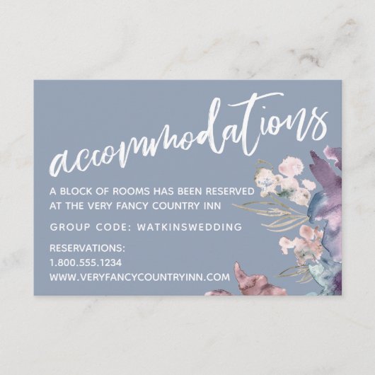 Waterverf Floral Dusty Blue Wedding Accommodatie Informatiekaartje (Voorkant)