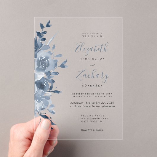 Waterverf Floral Dusty Blue Wedding Acryl Uitnodigingen (Insitu (Draagbaar))
