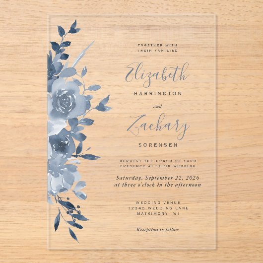 Waterverf Floral Dusty Blue Wedding Acryl Uitnodigingen (Voorkant)