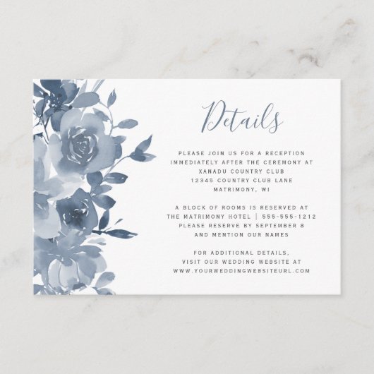 Waterverf Floral Dusty Blue Wedding Details Informatiekaartje (Voorkant)