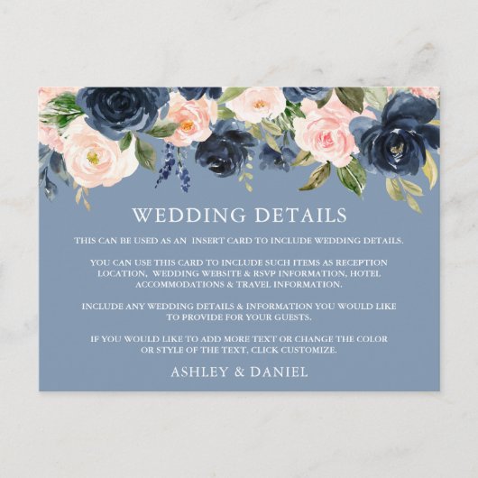 Waterverf Floral Dusty Blue Wedding Details Kaart (Voorkant)