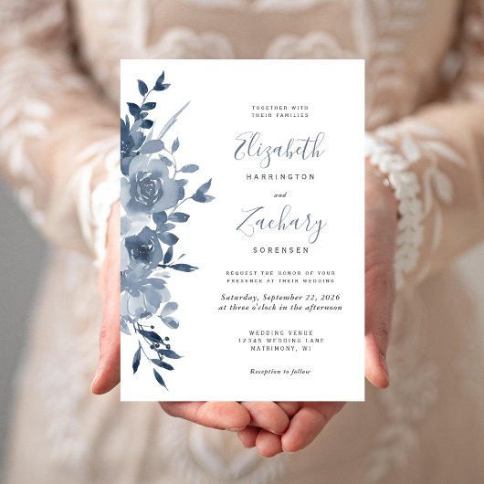 Waterverf Floral Dusty Blue Wedding Kaart