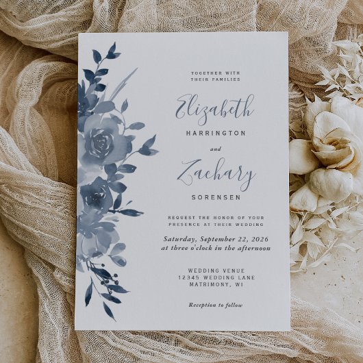 Waterverf Floral Dusty Blue Wedding Kaart
