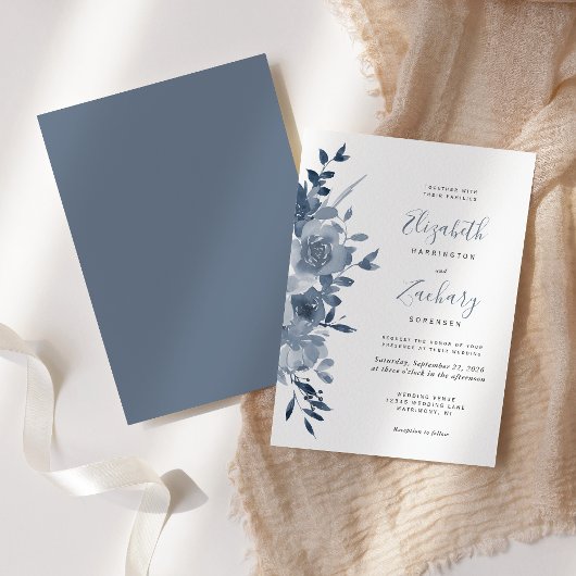 Waterverf Floral Dusty Blue Wedding Kaart