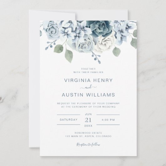 Waterverf Floral Dusty Blue Wedding Kaart (Voorkant)