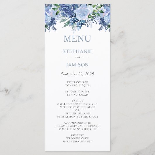 Waterverf Floral Dusty Blue Wedding Menu (Voorkant)