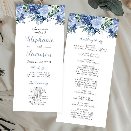 Waterverf Floral Dusty Blue Wedding Programmakaart