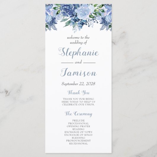 Waterverf Floral Dusty Blue Wedding Programmakaart (Voorkant)