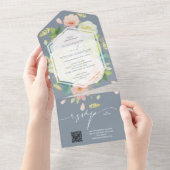 Waterverf Floral Dusty Blue Wedding QR Code All In One Uitnodiging (Afscheurbaar)