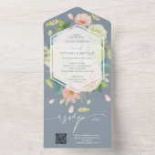 Waterverf Floral Dusty Blue Wedding QR Code All In One Uitnodiging (Binnen)