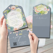 Waterverf Floral Dusty Blue Wedding QR Code All In One Uitnodiging
