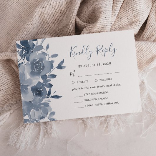 Waterverf Floral Dusty Blue Wedding RSVP Kaartje