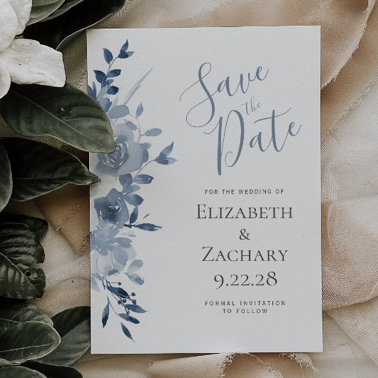 Waterverf Floral Dusty Blue Wedding Save the Date Kaart