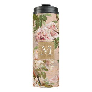 Waterverf Floral Dusty Pink Gold Monogram Thermosbeker