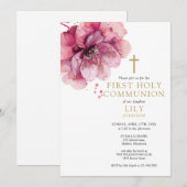 Waterverf Floral Dusty Roos First Holy Communion Kaart (Voorkant / Achterkant)