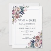 Waterverf Floral Dusty Roos Mauve Navy Blue Save The Date (Voorkant)