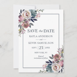 Waterverf Floral Dusty Roos Mauve Navy Blue Save The Date