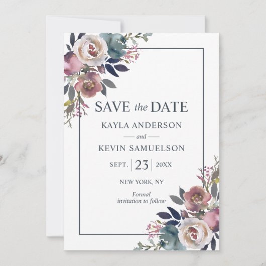Waterverf Floral Dusty Roos Mauve Navy Blue Save The Date (Voorkant)