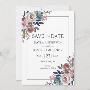 Waterverf Floral Dusty Roos Mauve Navy Blue Save The Date