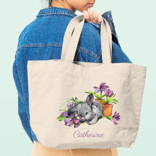 Waterverf Floral Easter Bunny Rabbit op maat Grote Tote Bag