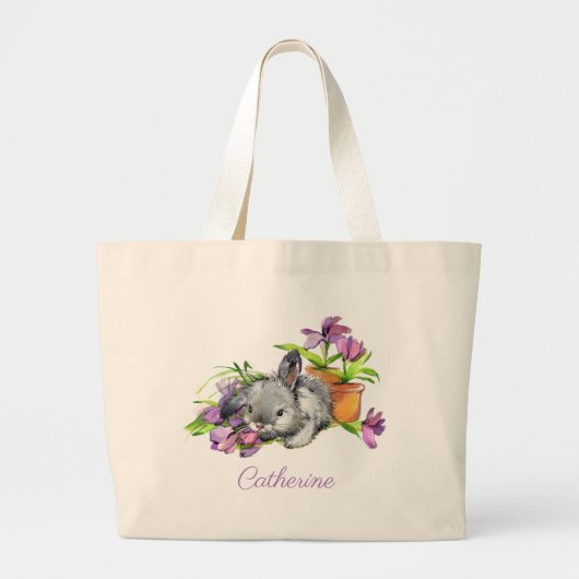 Waterverf Floral Easter Bunny Rabbit op maat Grote Tote Bag (Voorkant)