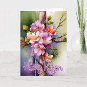 Waterverf Floral Easter Cross Hij is gerezen Feestdagen Kaart (Voorkant)