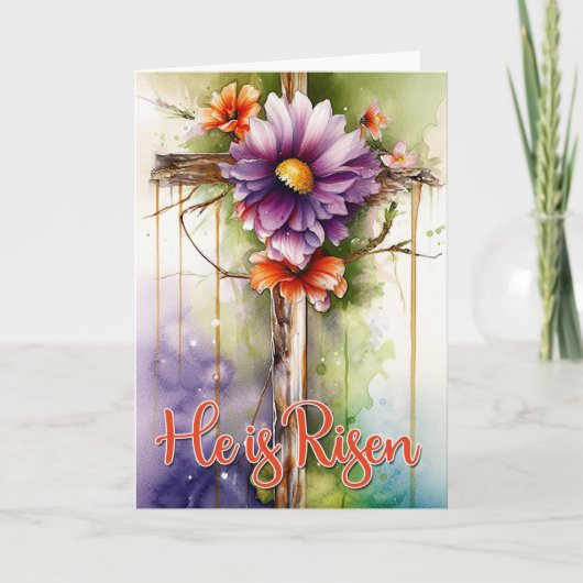 Waterverf Floral Easter Cross Hij is gerezen Feestdagen Kaart (Voorkant)