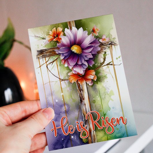 Waterverf Floral Easter Cross Hij is gerezen Feestdagen Kaart