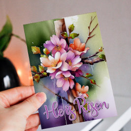 Waterverf Floral Easter Cross Hij is gerezen Feestdagen Kaart