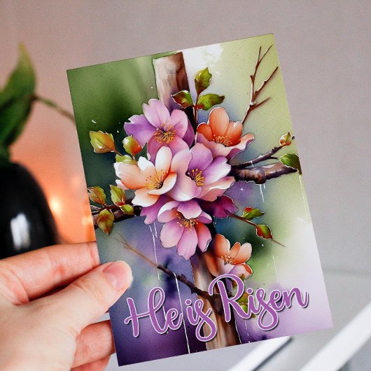 Waterverf Floral Easter Cross Hij is gerezen Feestdagen Kaart