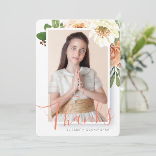Waterverf Floral Eerste Communie Dank u kaart (Staand voorkant)
