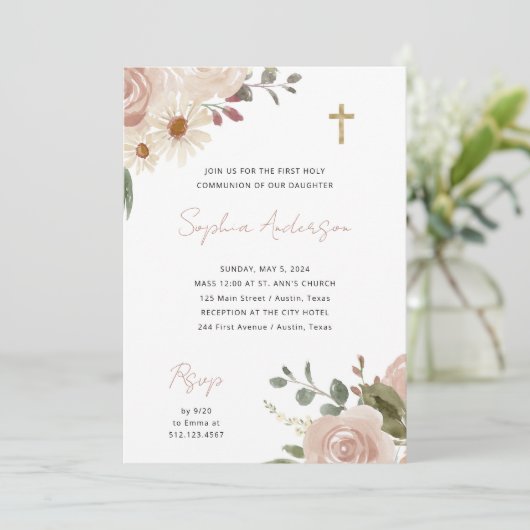  Waterverf Floral | Eerste Heilige Communie Kaart (Staand voorkant)