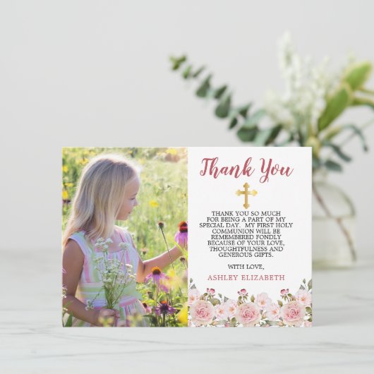 Waterverf Floral eerste mededeling Roze Rozen  Bedankkaart (Staand voorkant)