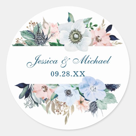 Waterverf Floral Elegant Bouquet Blue Wedding Ronde Sticker (Voorkant)