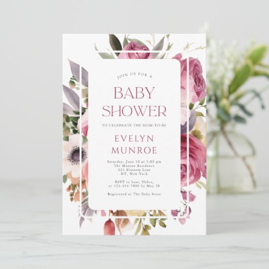 Waterverf Floral Elegant Roze Baby shower Kaart (Staand voorkant)