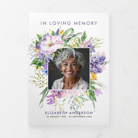 Waterverf Floral Elegant Script 3-foto begrafenis Drieluik Programma (Cover)