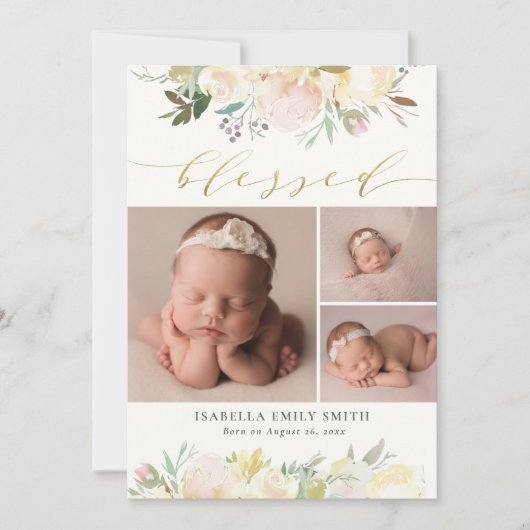 Waterverf Floral Elegant Script Calligraphy Birth Aankondiging (Voorkant)