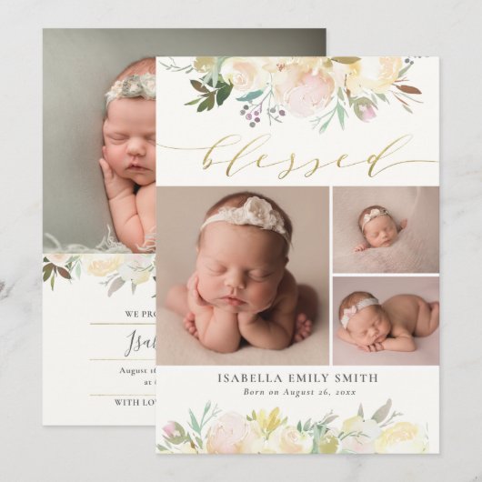 Waterverf Floral Elegant Script Calligraphy Birth Aankondiging (Voorkant / Achterkant)