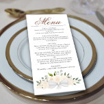 Waterverf Floral Elegant Wedding Menu<br><div class="desc">Dit prachtige trouwmenu bevat een roestachtig boho-chic-ontwerp met een scriptkalligrafie en een cluster van handbeschilderde waterverf rozen, bloesems en groen in tinten van bleke perziken, of champagne blush. De tekst is volledig aanpasbaar met ruimte voor de naam van het paar en de trouwdatum op de rug. Elegant, stijlvol en chic,...</div>