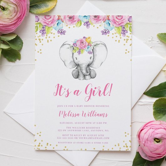 Waterverf Floral Elephant Baby Shower Invitations Kaart