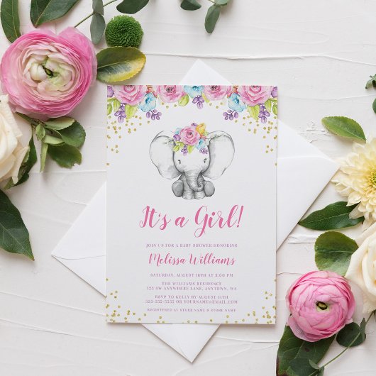 Waterverf Floral Elephant Baby Shower Invitations Kaart