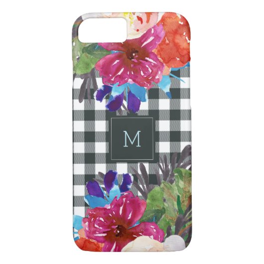 Waterverf Floral en Black Gingham met Monogram Case-Mate iPhone Case (Achterkant)