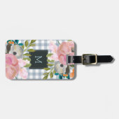 Waterverf Floral en Blue Gingham met Monogram Bagagelabel (Voorkant horizontaal)