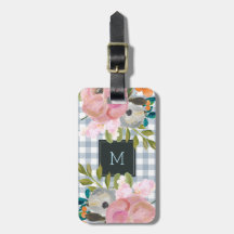 Waterverf Floral en Blue Gingham met Monogram