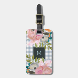 Waterverf Floral en Blue Gingham met Monogram Bagagelabel