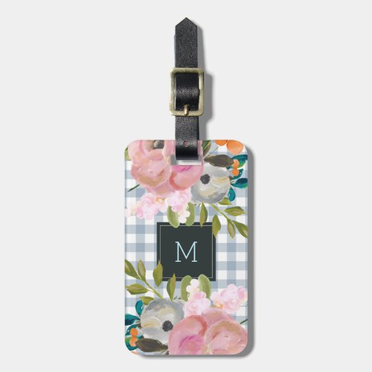 Waterverf Floral en Blue Gingham met Monogram Bagagelabel (Voorkant verticaal)