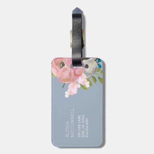 Waterverf Floral en Blue Gingham met Monogram Bagagelabel (Achterkant verticaal)